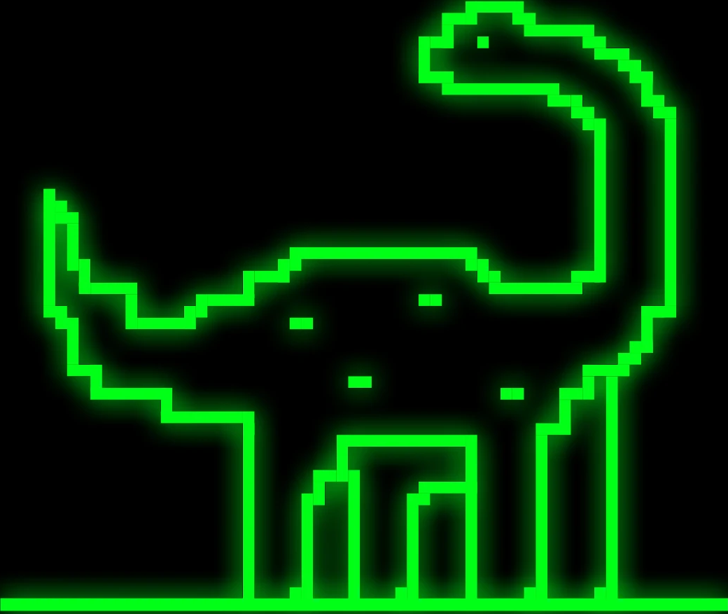 Neon pixel dinosaur from the book cover